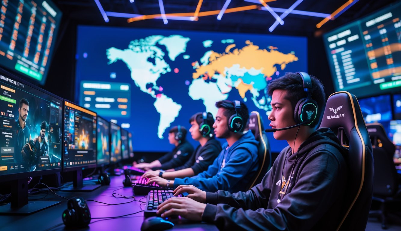 Beberapa orang dari berbagai latar belakang etnis bermain e-sports secara online dengan komputer dan layar besar yang menampilkan pertandingan dan statistik.