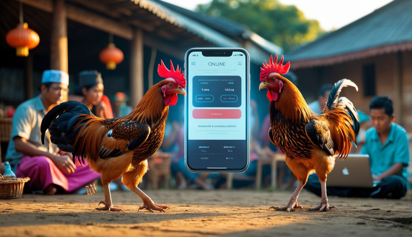 Dua ayam jago sedang bertarung dengan latar belakang orang-orang menggunakan ponsel dan laptop dalam suasana tradisional dan modern yang bercampur.