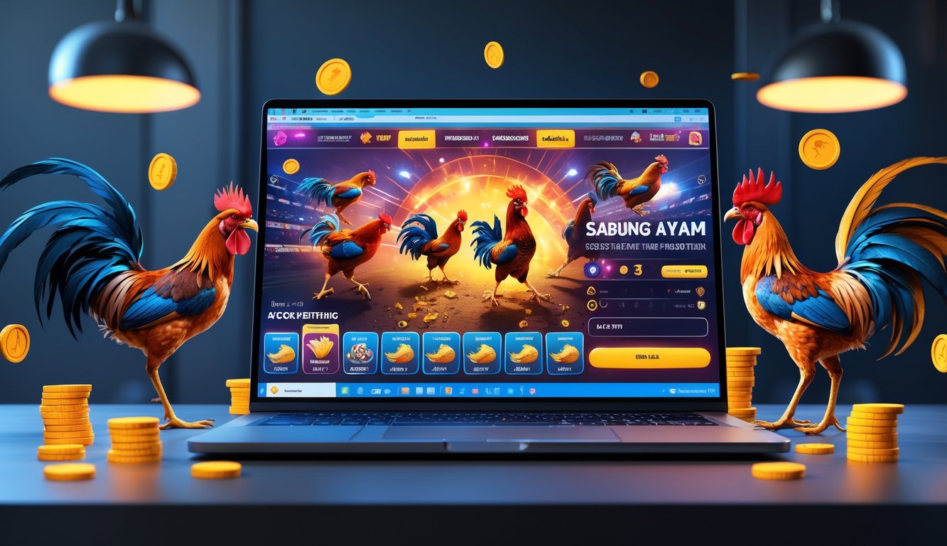 Seorang pria menggunakan komputer dengan layar yang menampilkan pertarungan ayam jago secara online.