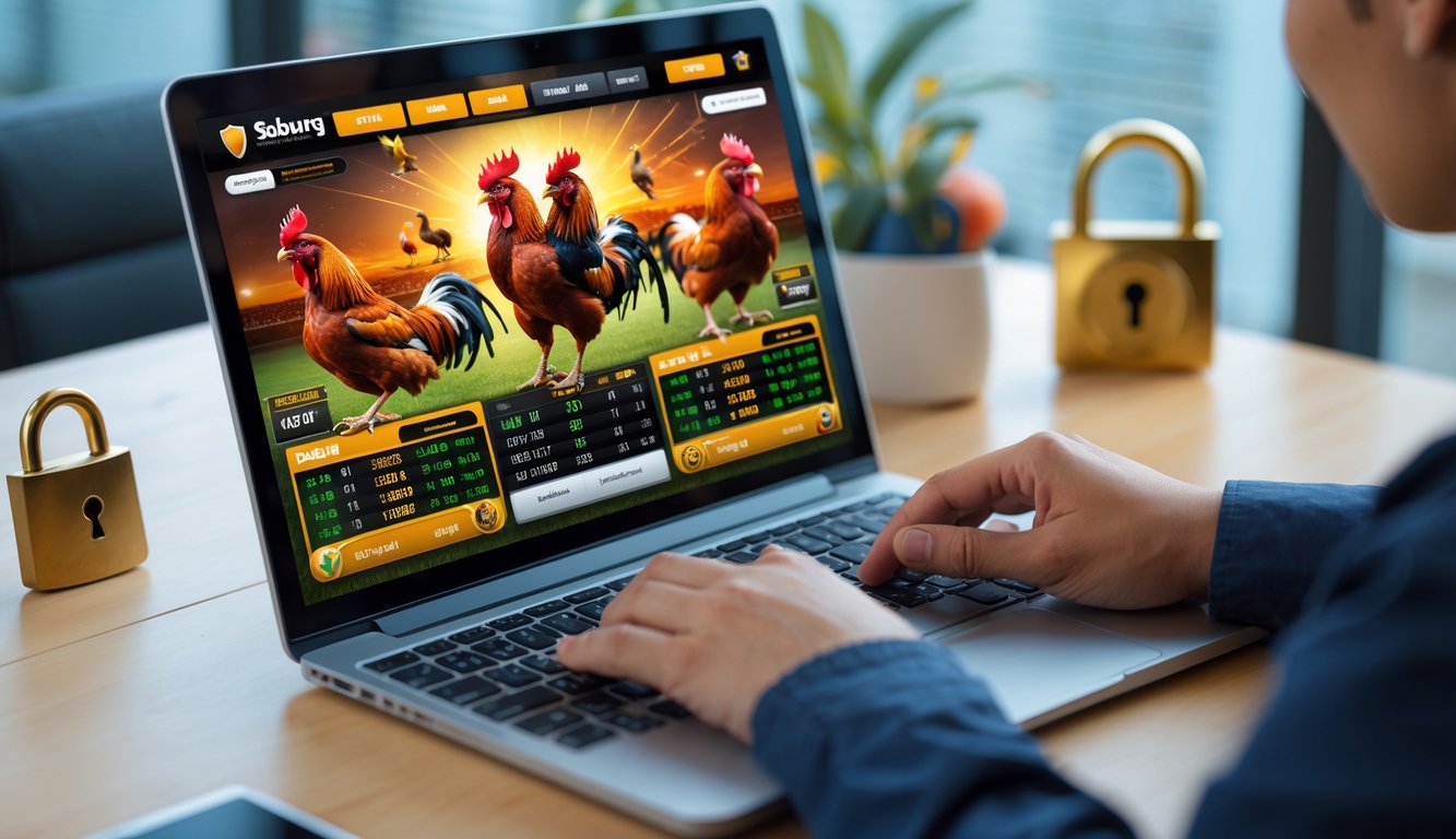 Seseorang menggunakan komputer dengan tampilan situs sabung ayam online yang menampilkan grafik ayam bertarung dan simbol keamanan di latar belakang.