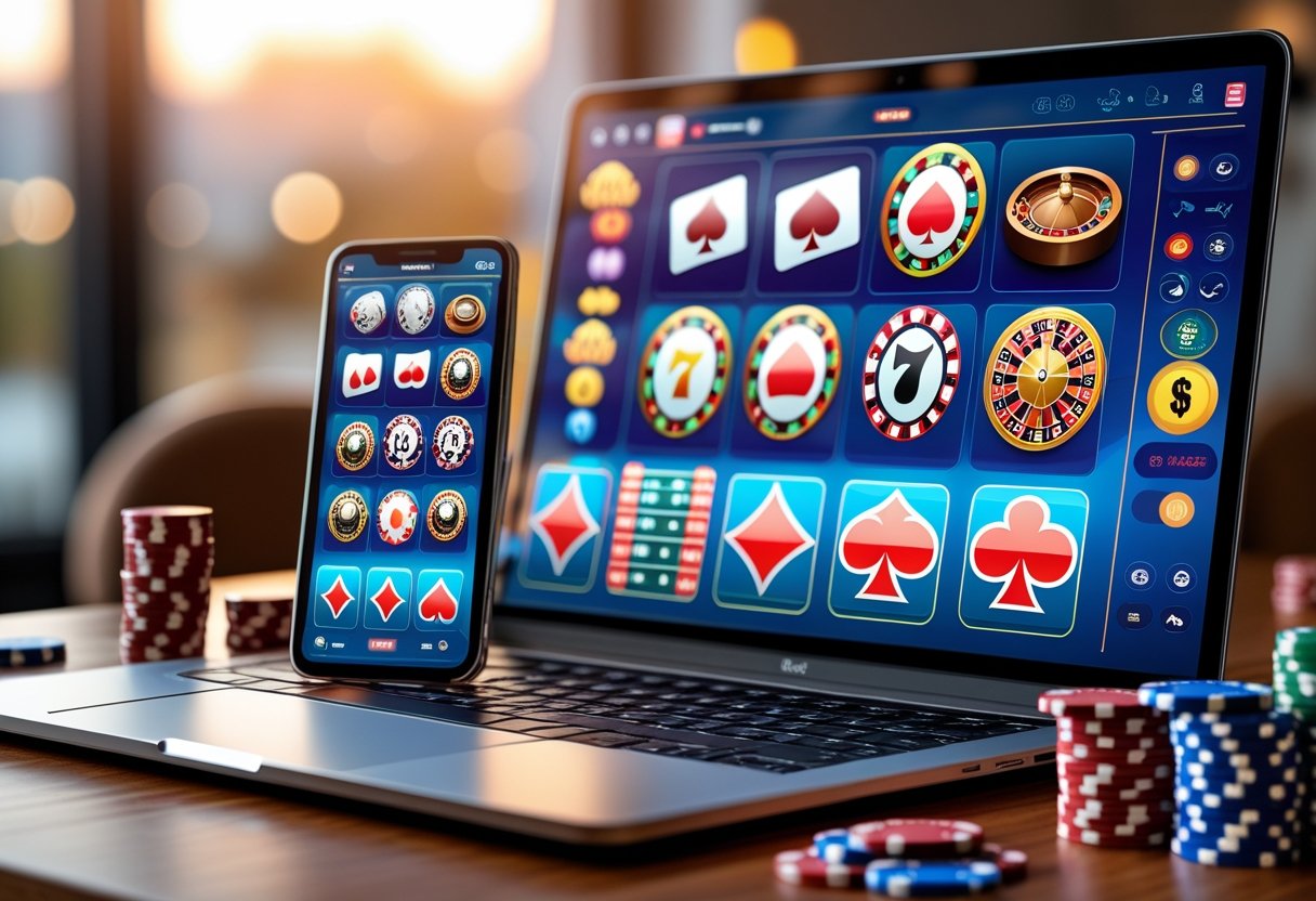A laptop and phone with online casino game