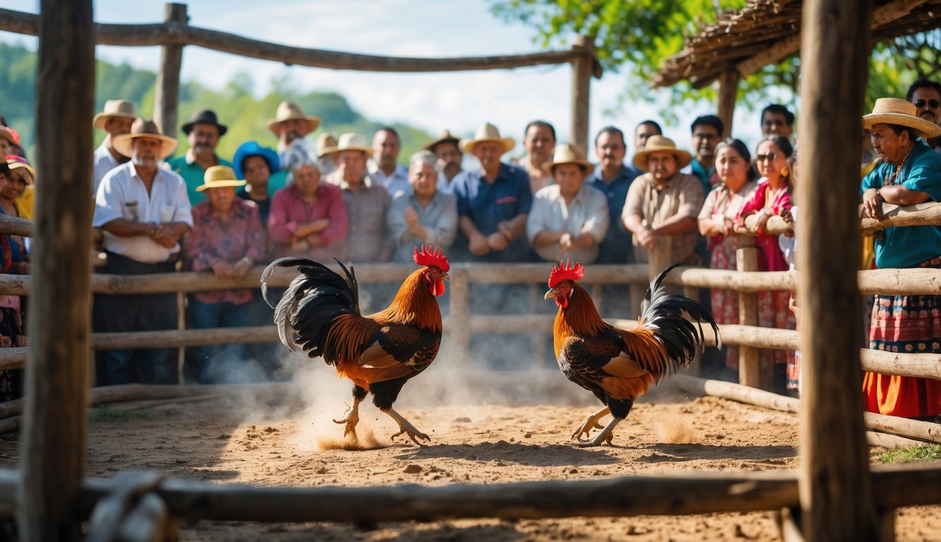 Dua ayam jago sedang bertarung di arena kayu dengan kerumunan orang yang menonton di luar ruangan.