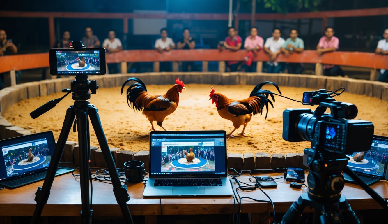 Suasana siaran langsung sabung ayam dengan dua ayam bertarung di arena dan peralatan streaming di sekitar.