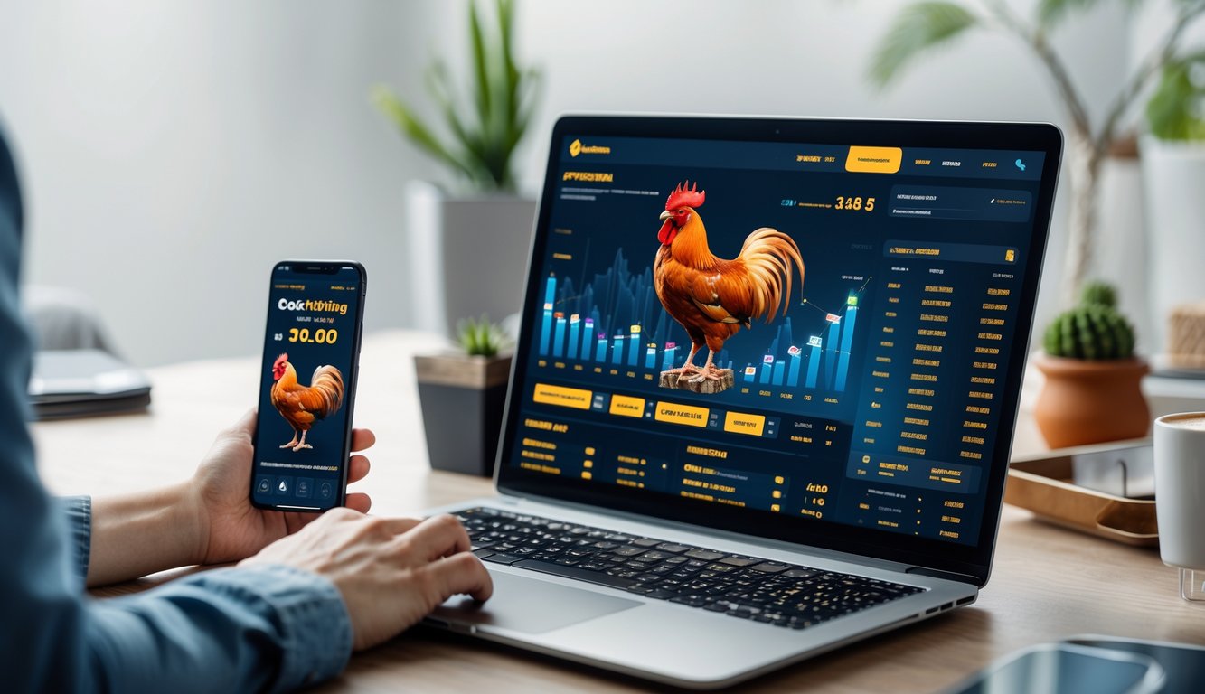 Seseorang menggunakan laptop di meja kerja dengan tampilan situs taruhan sabung ayam online di layar.