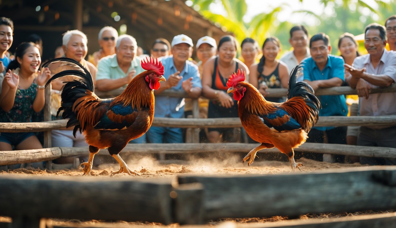 Suasana pertandingan sabung ayam tradisional dengan dua ayam jago sedang bertarung di arena kayu, dikelilingi oleh penonton yang antusias di luar ruangan.