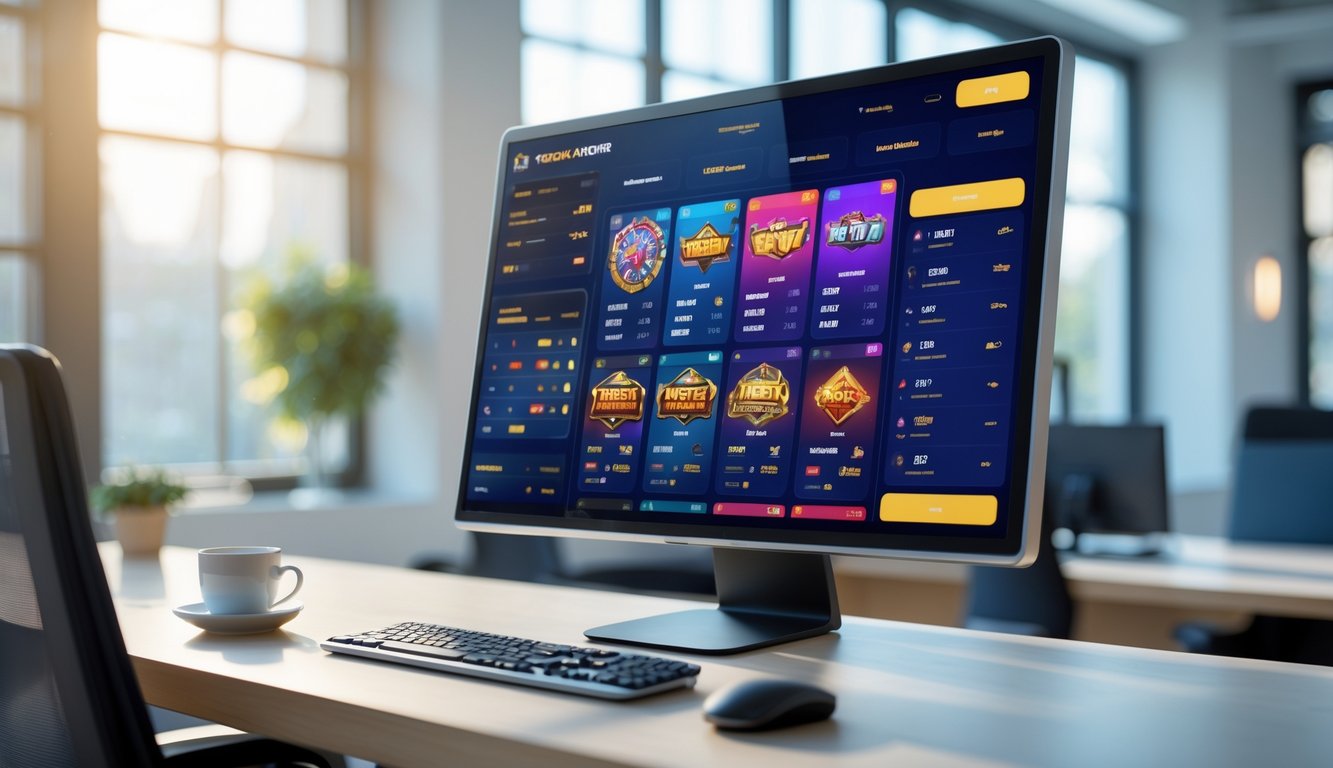 Tampilan antarmuka permainan online di layar komputer di sebuah kantor modern.