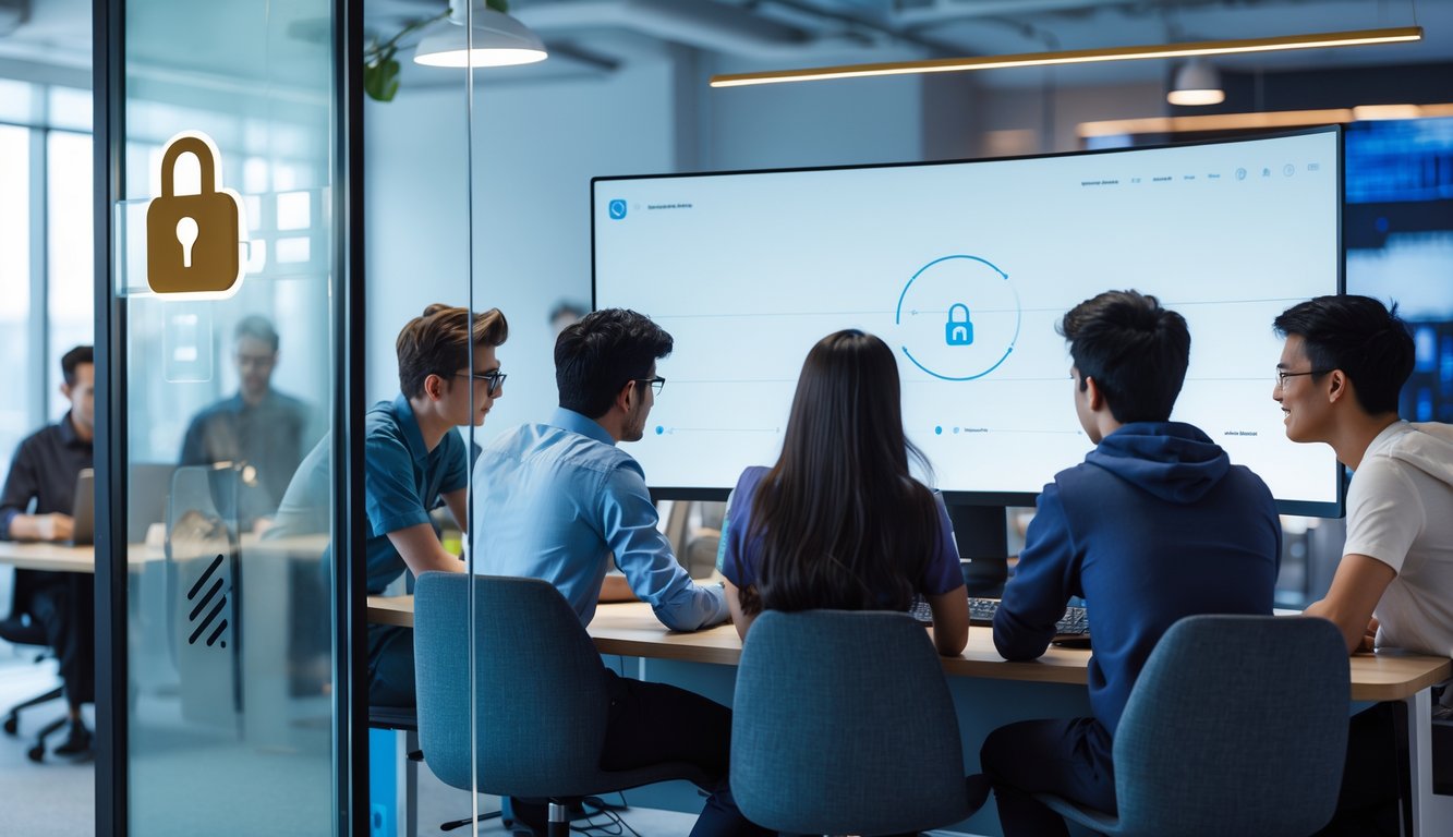 Sekelompok orang muda di kantor modern sedang bekerja bersama di depan layar komputer dengan elemen permainan digital.