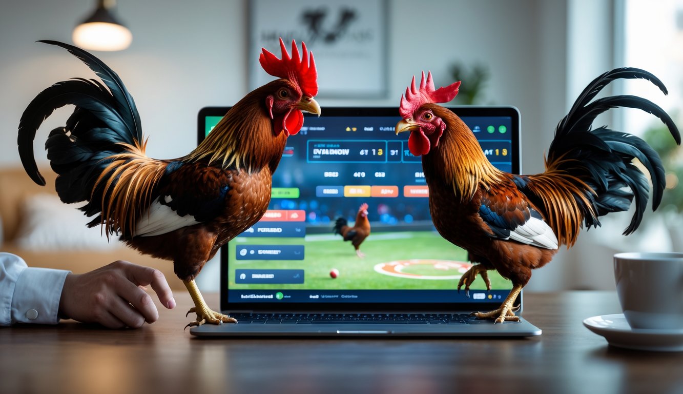 Dua ayam jago sedang bertarung di depan layar perangkat digital dengan antarmuka taruhan online.