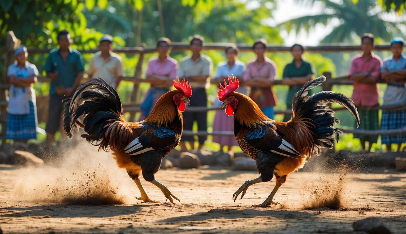 Dua ayam jago bertarung di arena tanah dengan penonton di latar belakang yang memperhatikan dengan antusias.
