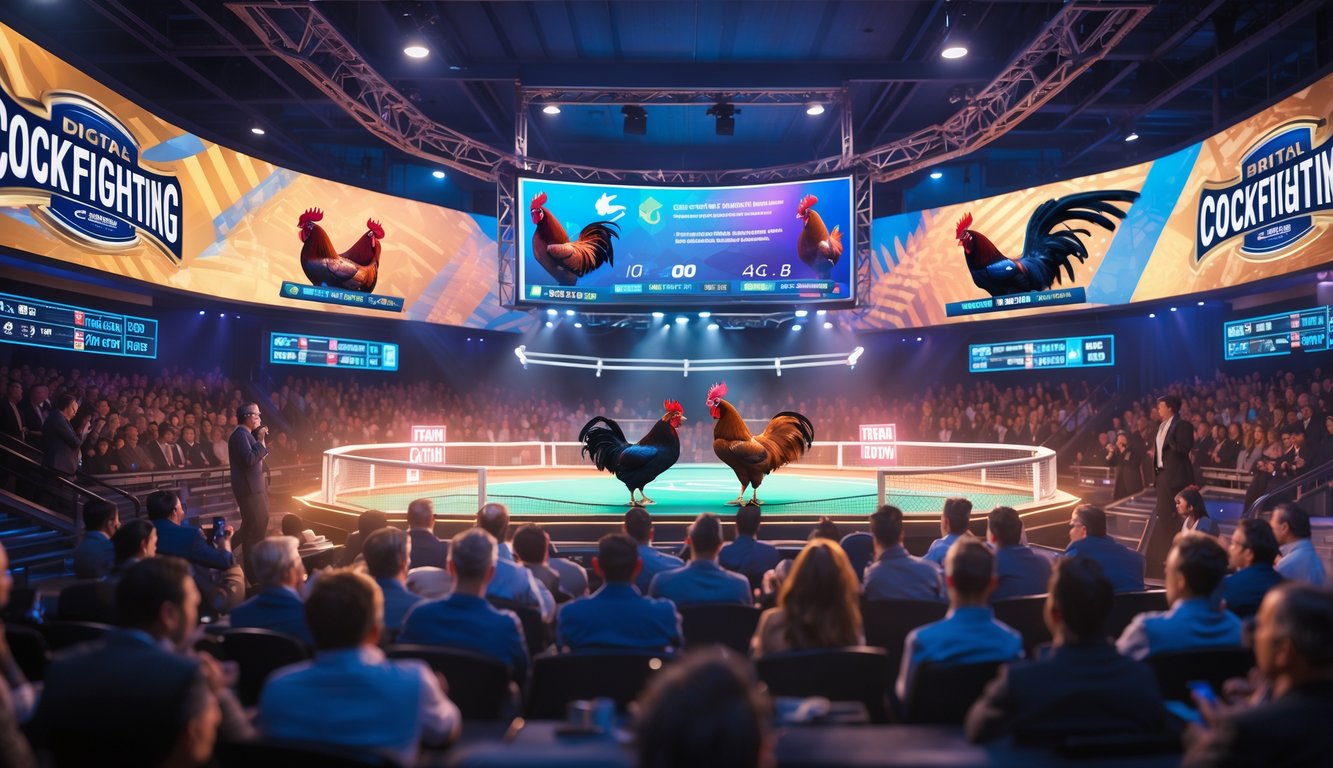 Arena sabung ayam digital dengan dua ayam jago dalam ring holografik dan penonton yang antusias.