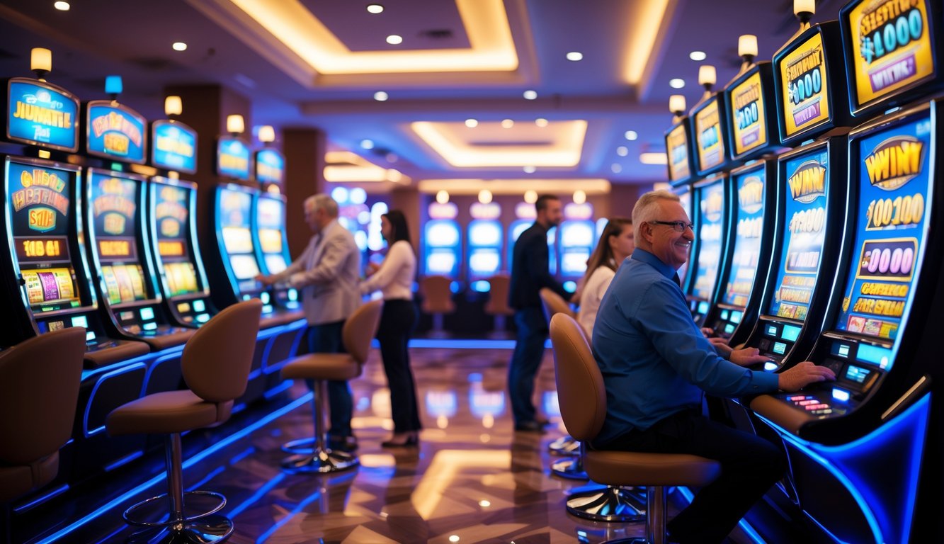 Orang-orang bermain mesin slot di dalam kasino modern yang terang dan menarik.