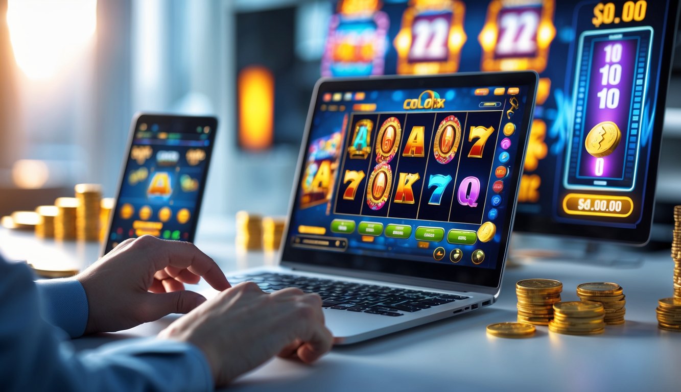 Seseorang sedang bermain permainan slot online di laptop dan ponsel dengan latar belakang koin emas dan chip kasino.