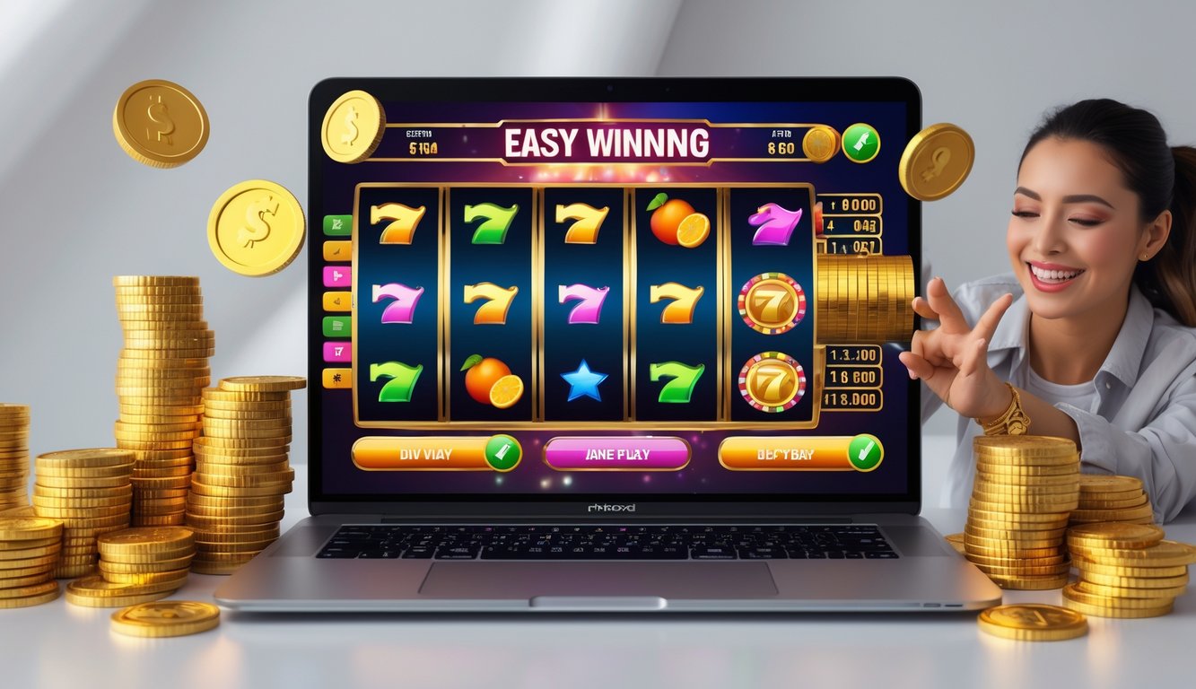 Seorang pemain tersenyum sambil bermain permainan slot online di depan komputer dengan simbol slot yang berwarna-warni dan tumpukan koin emas di sekitar.