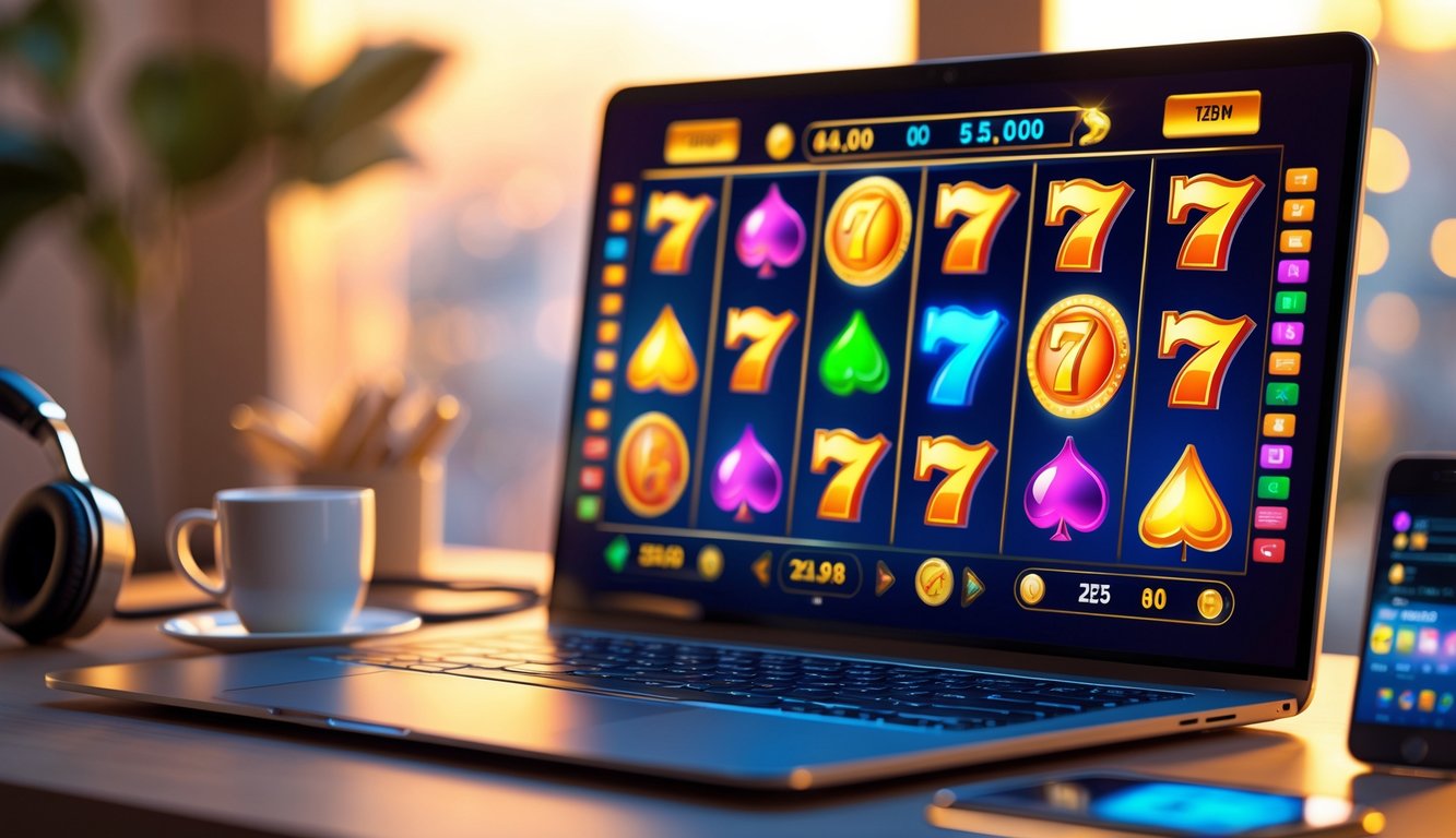 Seorang pemain sedang menggunakan komputer dengan tampilan permainan slot online berwarna-warni di layar, di meja terdapat kopi dan ponsel.