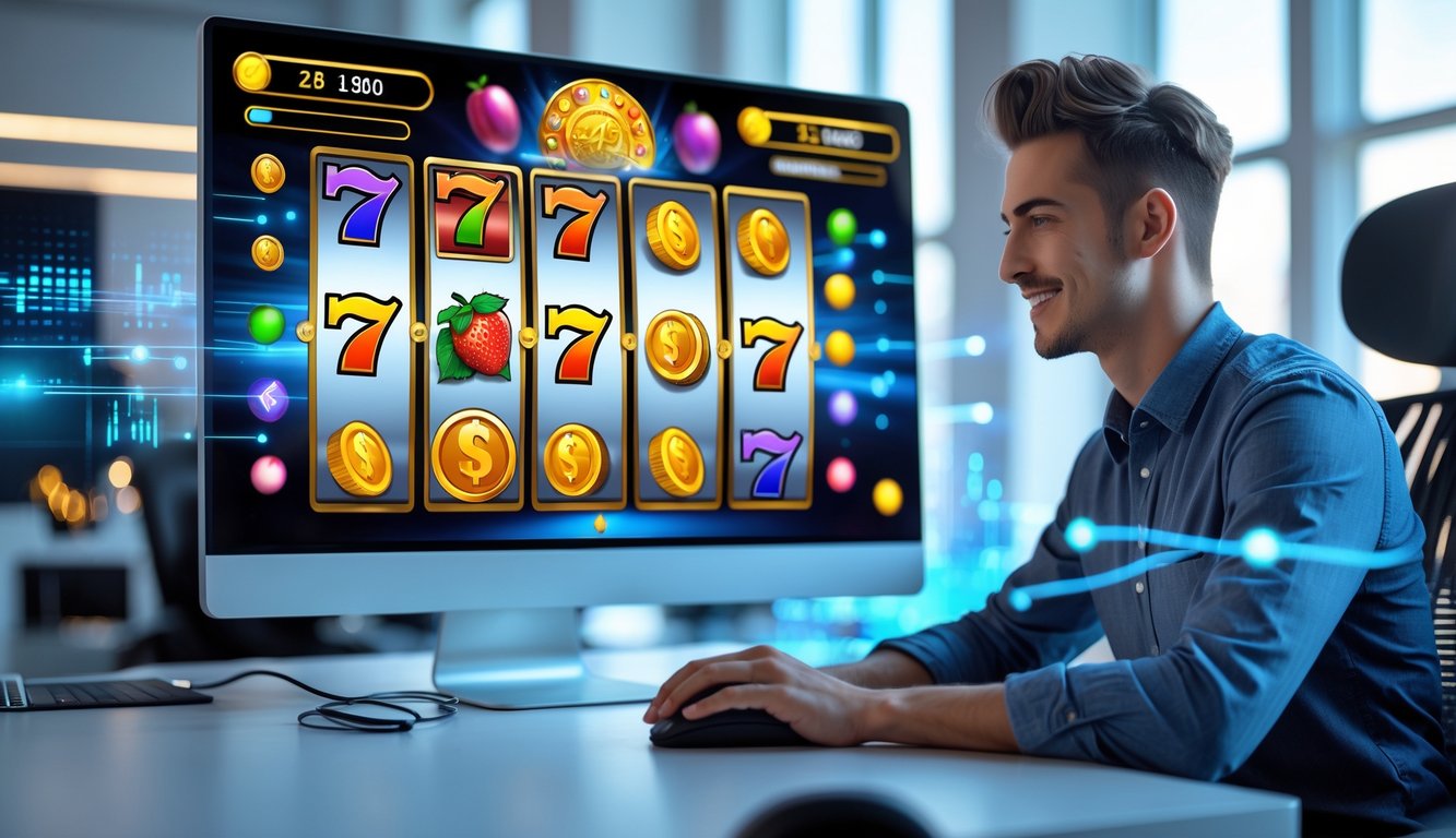 Seseorang sedang bermain permainan slot online di komputer di ruang kantor yang terang dan modern.