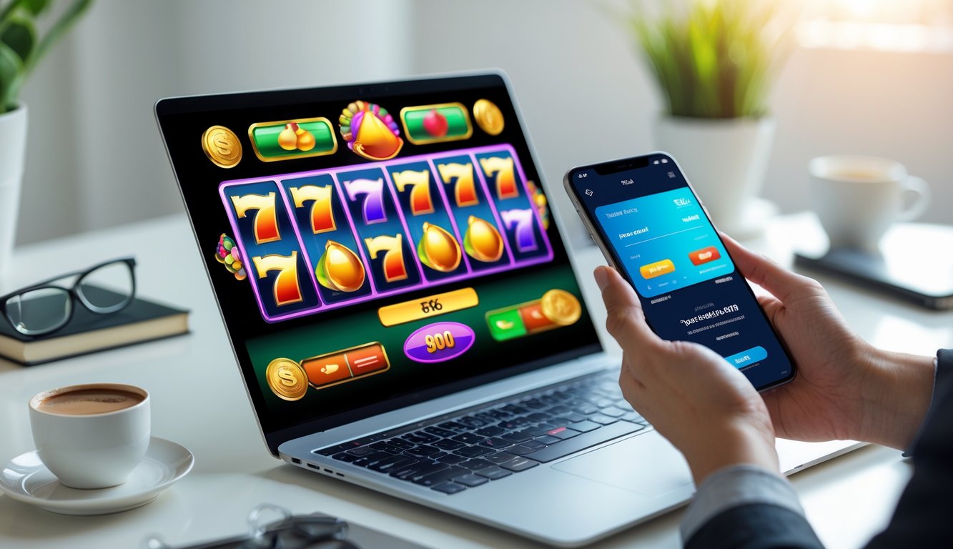 Seseorang menggunakan smartphone dan laptop untuk bermain permainan slot online dan melakukan deposit pulsa di meja kerja yang rapi.