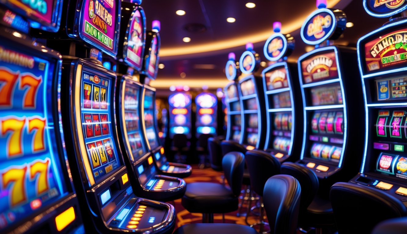 Suasana kasino modern dengan mesin slot berwarna-warni yang menyala dan berputar, menunjukkan aktivitas bermain sepanjang waktu.