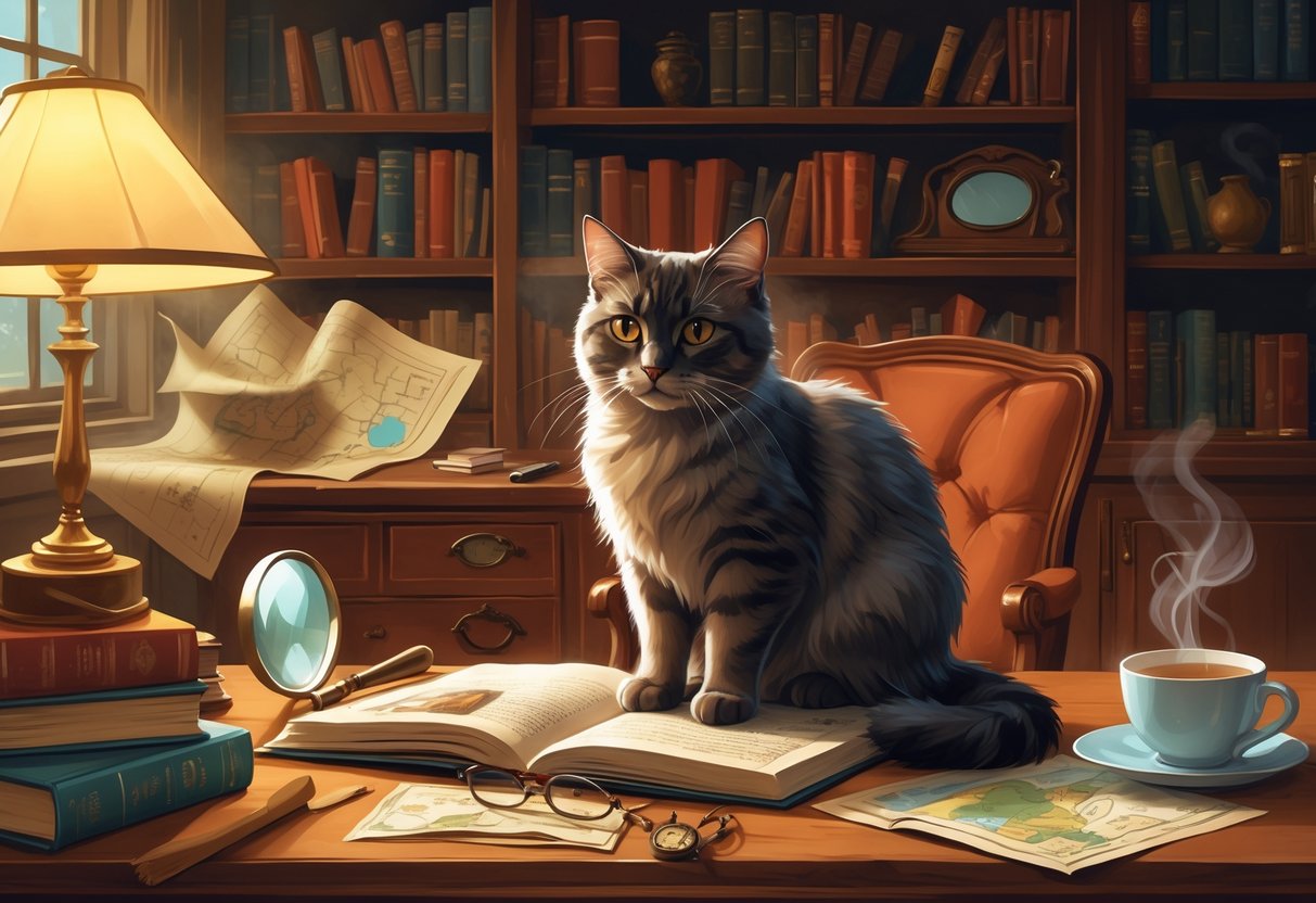 A cat sits on a desk in a cozy study filled with books and mystery-related items, looking alert and attentive.