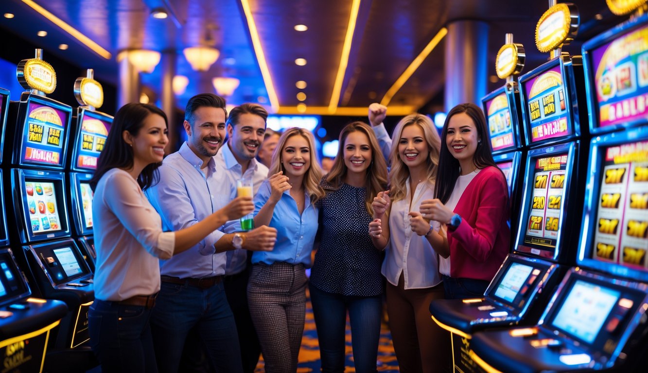 Orang-orang bahagia bermain mesin slot di kasino dengan lampu warna-warni dan suasana yang ceria.