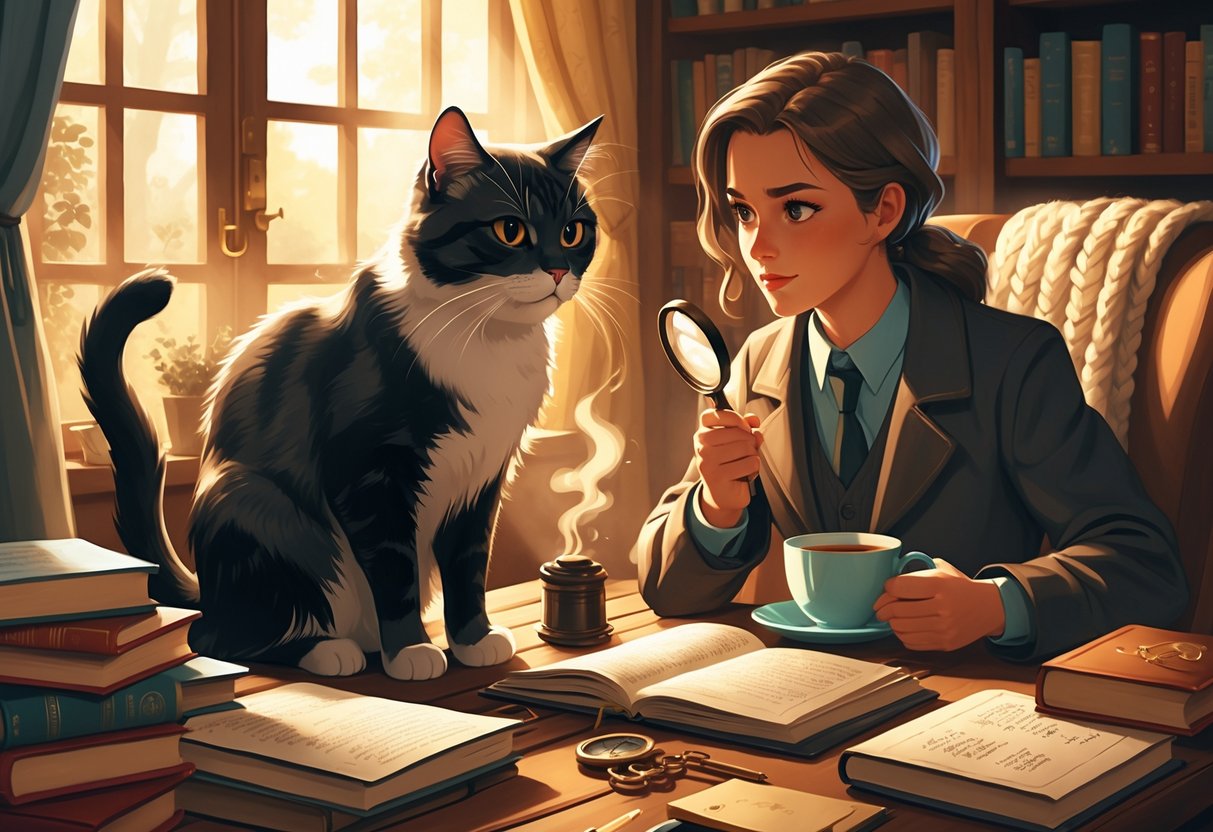 A person and a cat sit together in a cozy study filled with books and mystery items, with the cat attentively watching as the person examines clues.