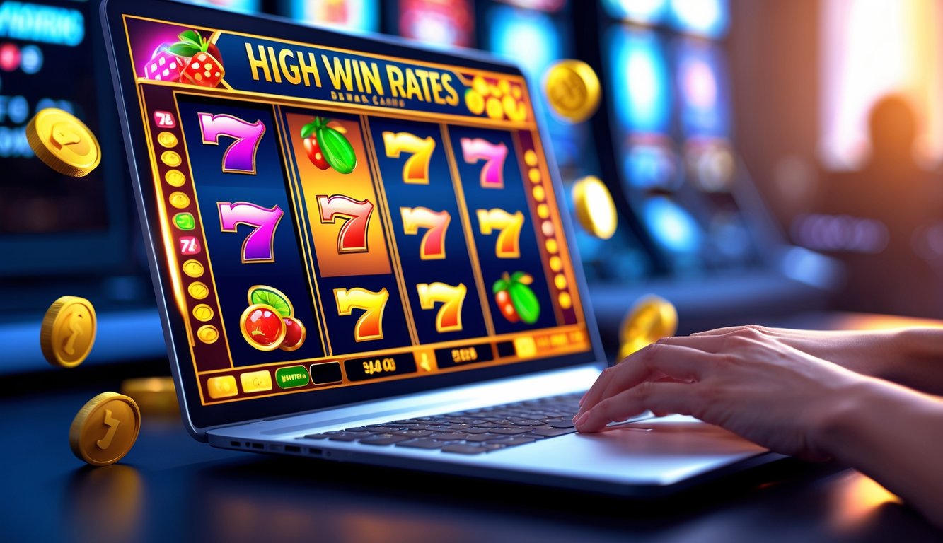 Seorang pengguna sedang bermain mesin slot online dengan layar komputer menampilkan gulungan mesin slot yang berwarna-warni dan simbol kemenangan.