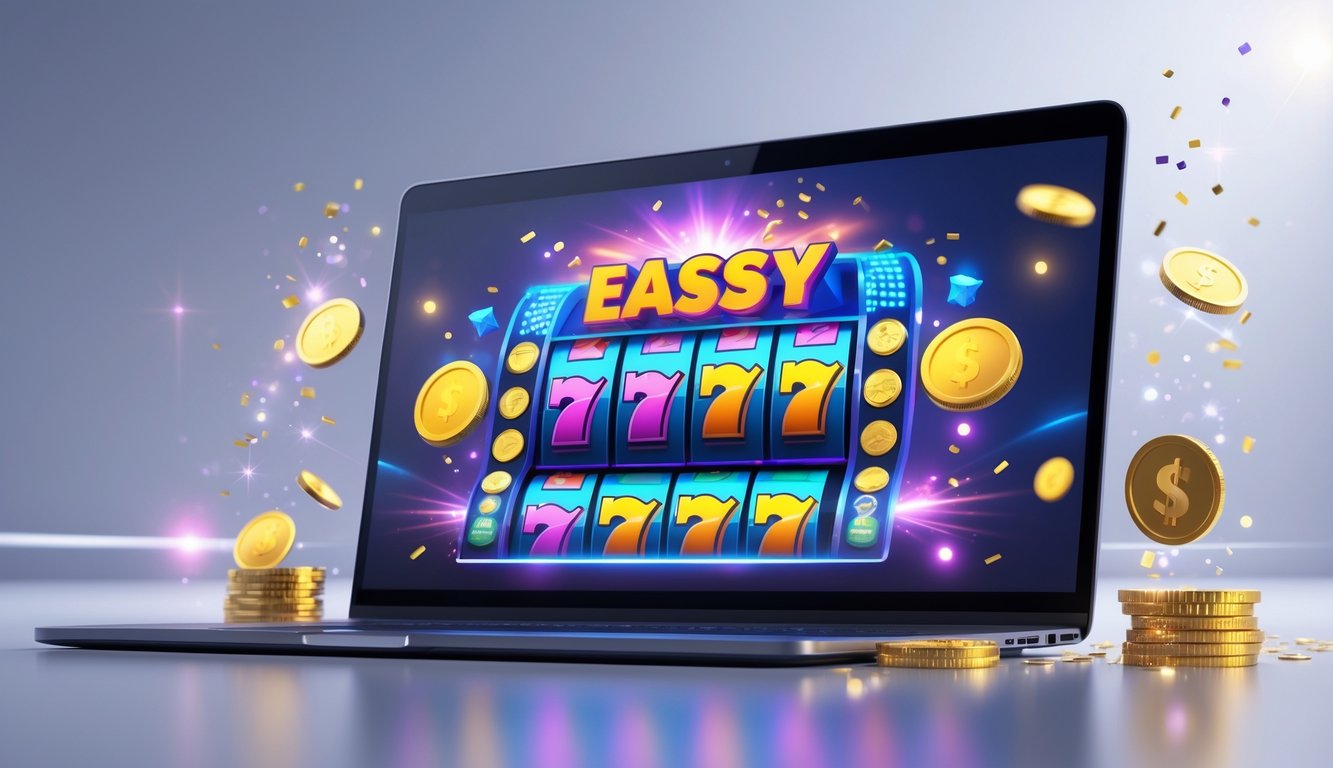 Seseorang sedang bermain mesin slot online di perangkat modern dengan simbol jackpot dan koin berkilauan di sekitarnya.