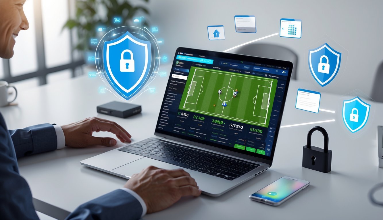 Seorang pria di ruang kerja modern menggunakan laptop dengan tampilan antarmuka taruhan sepak bola yang hidup dan statistik pertandingan, menunjukkan suasana profesional dan dapat dipercaya.