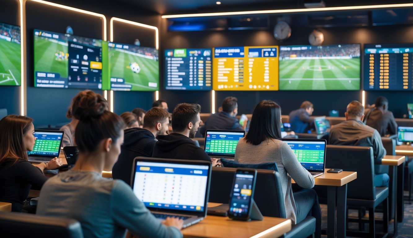 Beberapa orang sedang memasang taruhan pada pertandingan sepak bola menggunakan perangkat elektronik di ruang modern dengan layar besar menampilkan pertandingan sepak bola langsung.