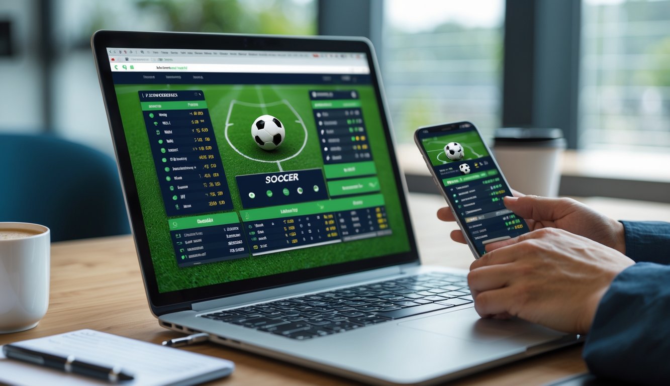 Seorang pria menggunakan laptop dan ponsel untuk memasang taruhan bola online di meja kerja modern.