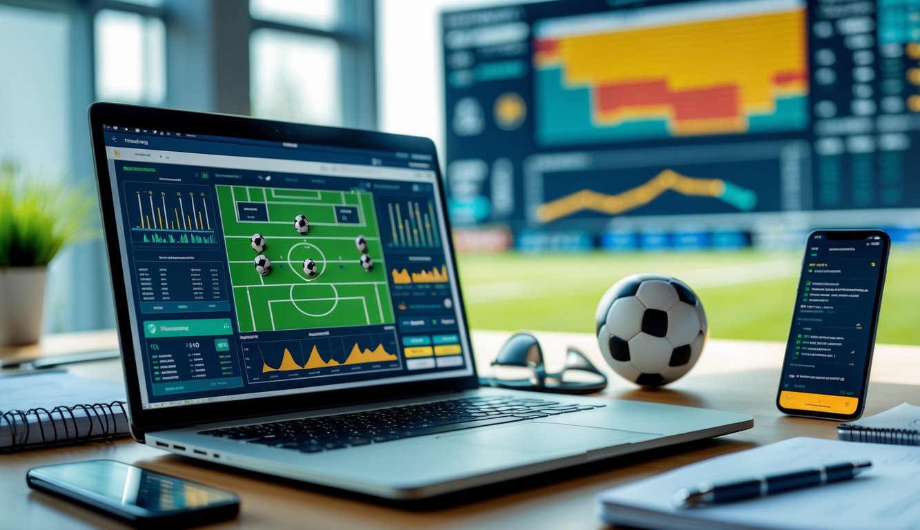 Meja kerja dengan laptop yang menampilkan statistik sepak bola dan grafik, dikelilingi oleh buku catatan dan ponsel dengan skor pertandingan sepak bola.