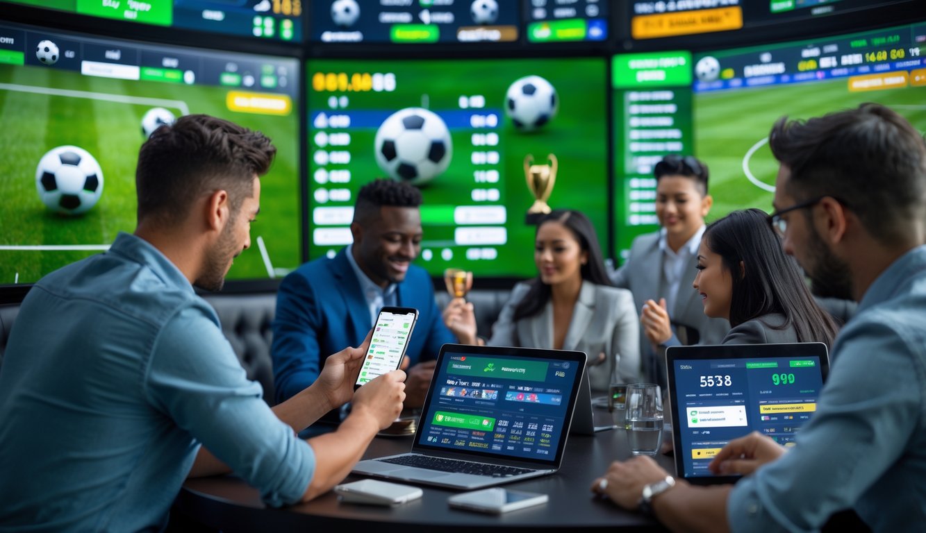 Orang-orang sedang memasang taruhan pada pertandingan sepak bola di sebuah ruang taruhan olahraga modern dengan layar digital besar yang menampilkan pertandingan dan peluang taruhan.