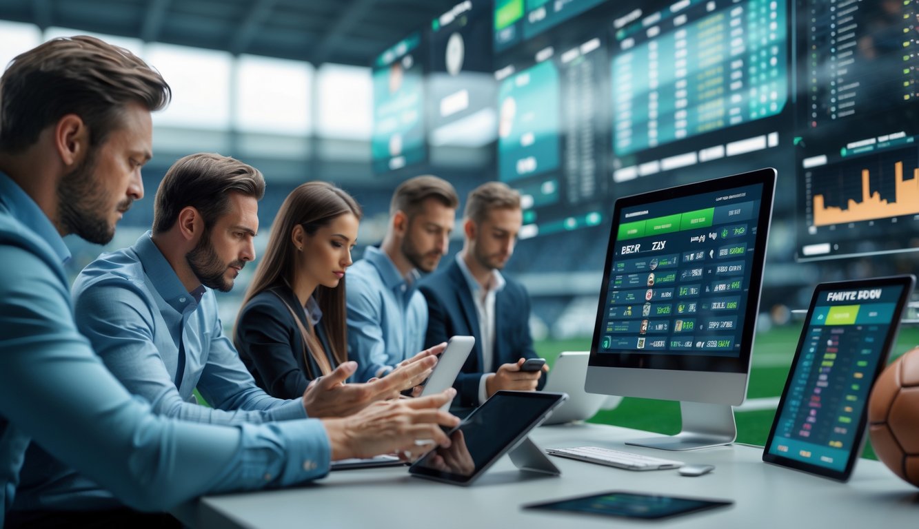 Orang-orang sedang melihat dan menganalisis peluang taruhan sepak bola menggunakan perangkat digital di lingkungan modern.