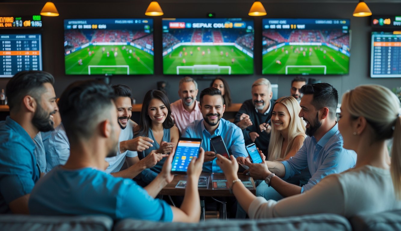 Sekelompok orang menonton pertandingan sepak bola langsung sambil menggunakan ponsel untuk memasang taruhan.