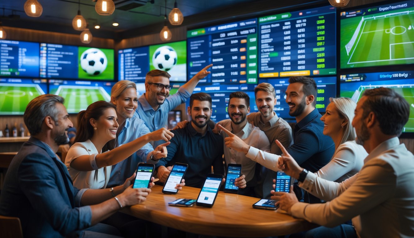 Sekelompok orang sedang melihat layar besar dengan informasi pertandingan sepak bola di sebuah bar olahraga yang modern.