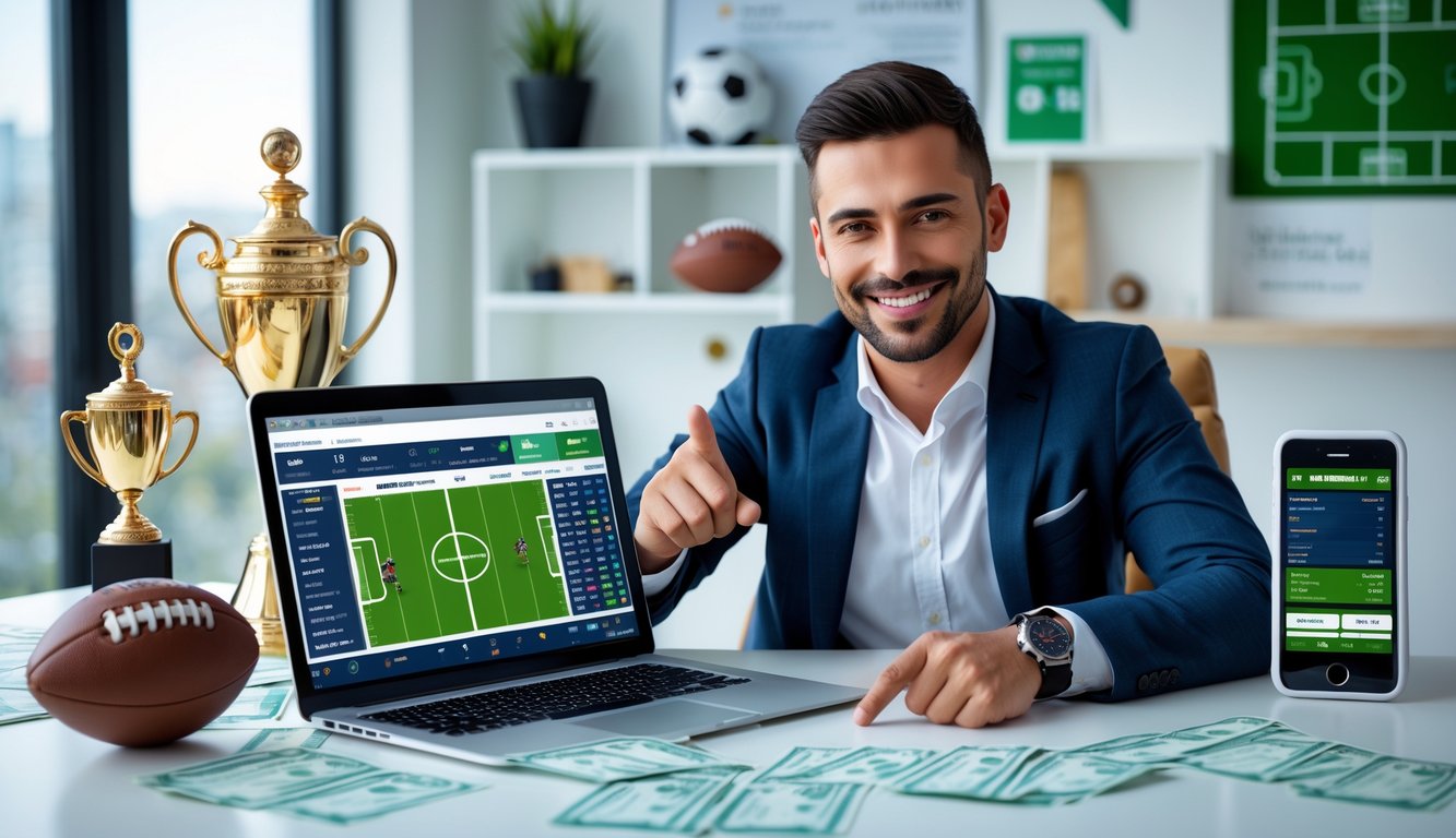 Seorang pria duduk di meja dengan laptop yang menampilkan statistik sepak bola dan peluang taruhan, di sekitarnya terdapat trofi sepak bola dan slip taruhan.