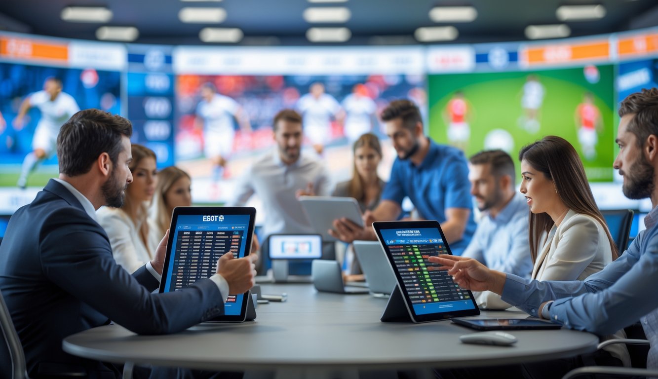 Beberapa orang sedang menggunakan perangkat digital dan berdiskusi di ruang kantor modern yang menampilkan layar besar dengan gambar olahraga.