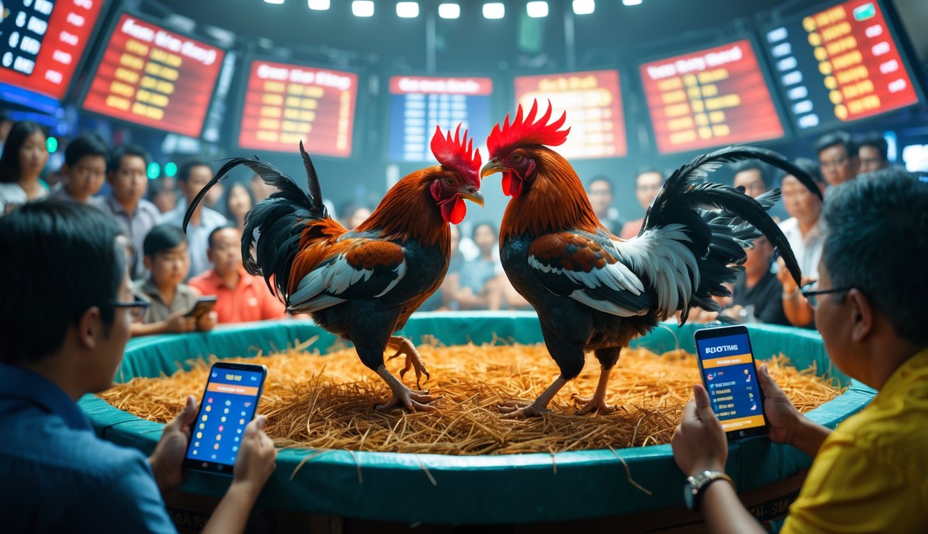 Dua ayam jantan sedang bertarung di arena melingkar dengan beberapa orang menonton dan menggunakan perangkat digital di sekitar mereka.