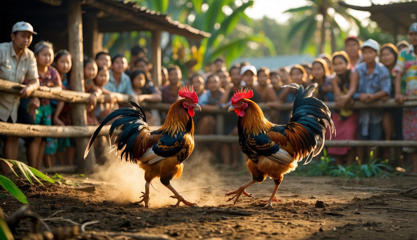 Dua ayam jago sedang bertarung di depan kerumunan orang di area terbuka dengan latar belakang tanaman tropis dan pagar kayu.
