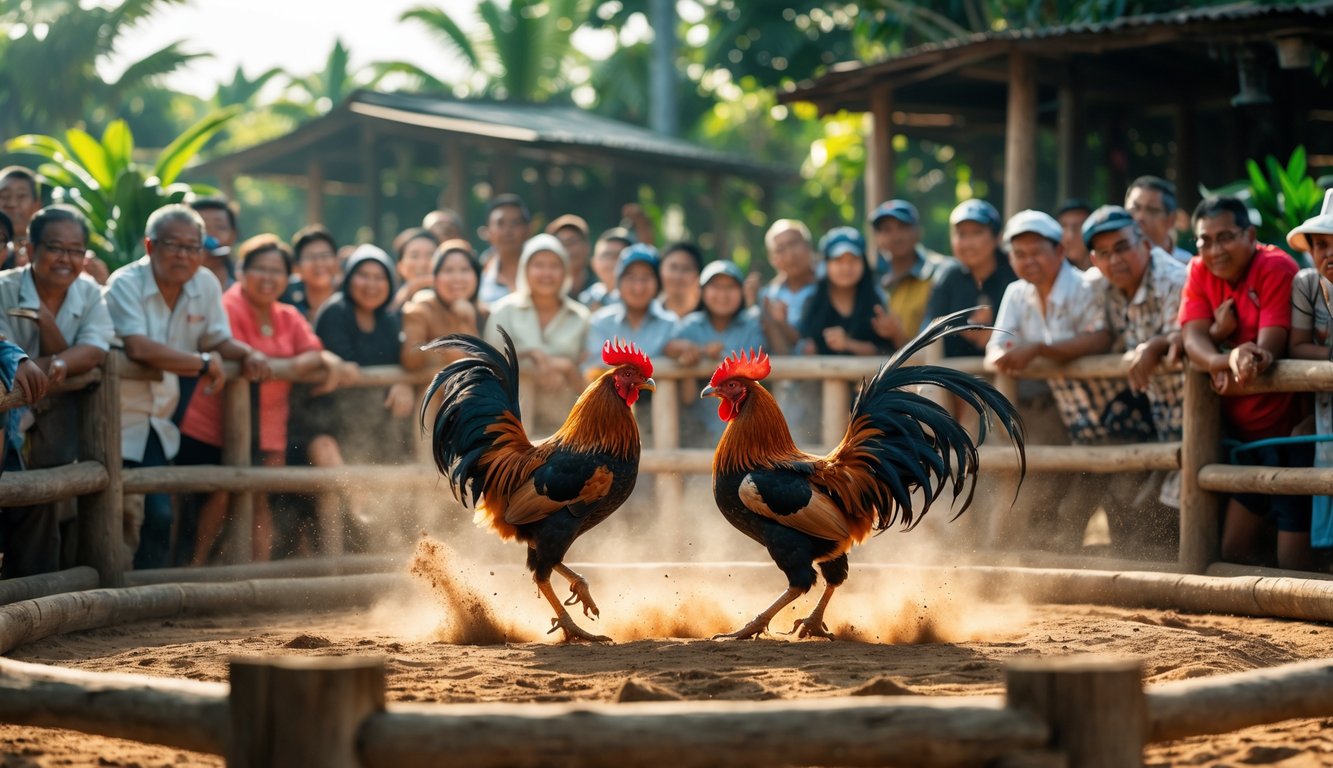 Dua ayam jago sedang bertarung di arena dengan kerumunan orang menonton di sekelilingnya.