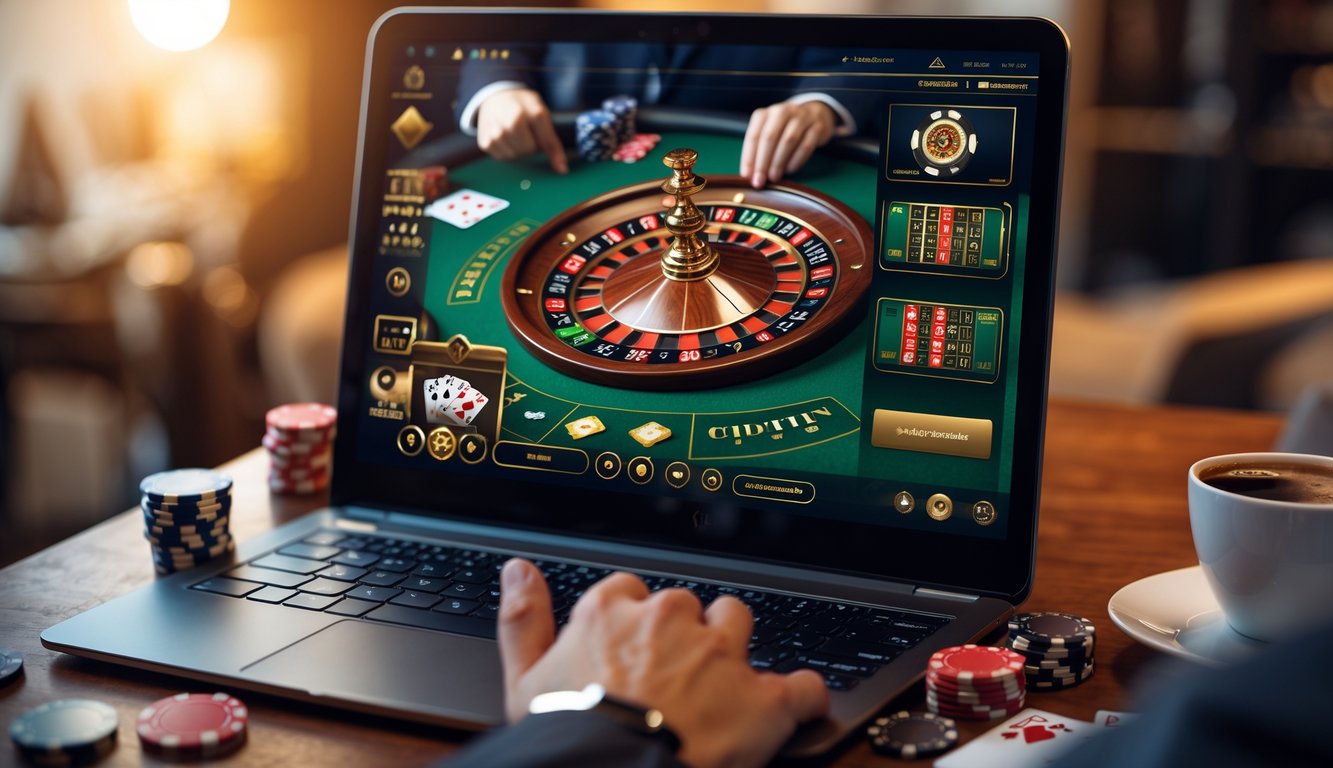 Seseorang bermain permainan kasino langsung secara online menggunakan laptop di meja dengan chip kasino dan kartu remi.