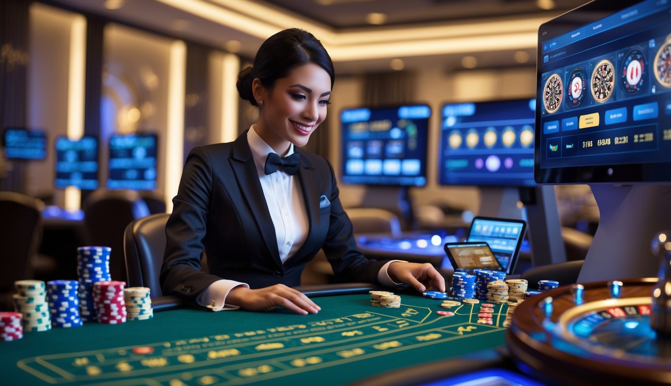 Seorang dealer profesional sedang menjalankan permainan kasino langsung dengan meja permainan dan peralatan kasino di sekitarnya.