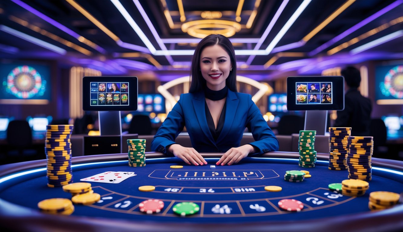 Suasana permainan kasino langsung online dengan dealer nyata dan antarmuka digital interaktif yang menampilkan pemain dan elemen permainan kasino.