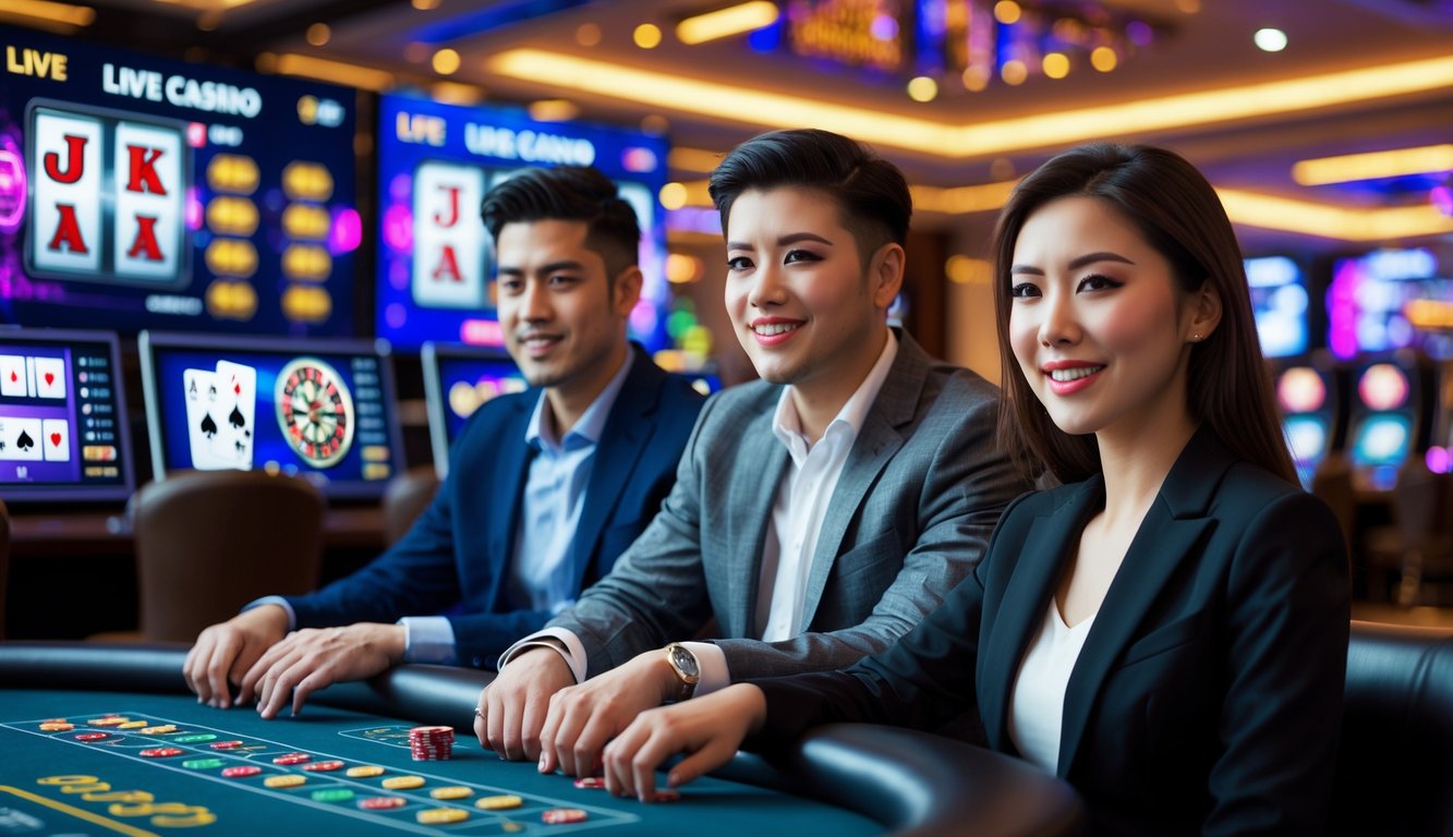 Dua orang muda duduk di meja kasino dengan layar digital permainan langsung di latar belakang, tampak fokus dan bersemangat.