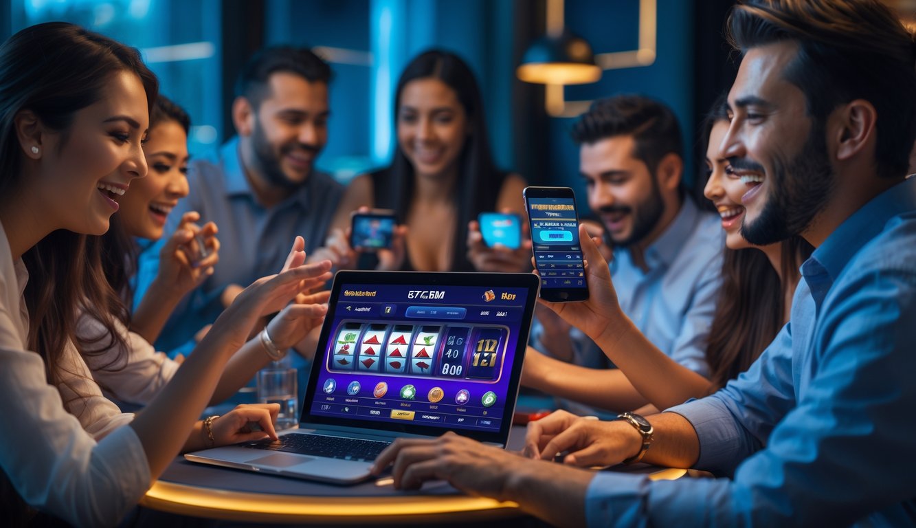 Beberapa orang sedang bermain permainan kasino online secara langsung menggunakan perangkat digital di ruangan yang nyaman.