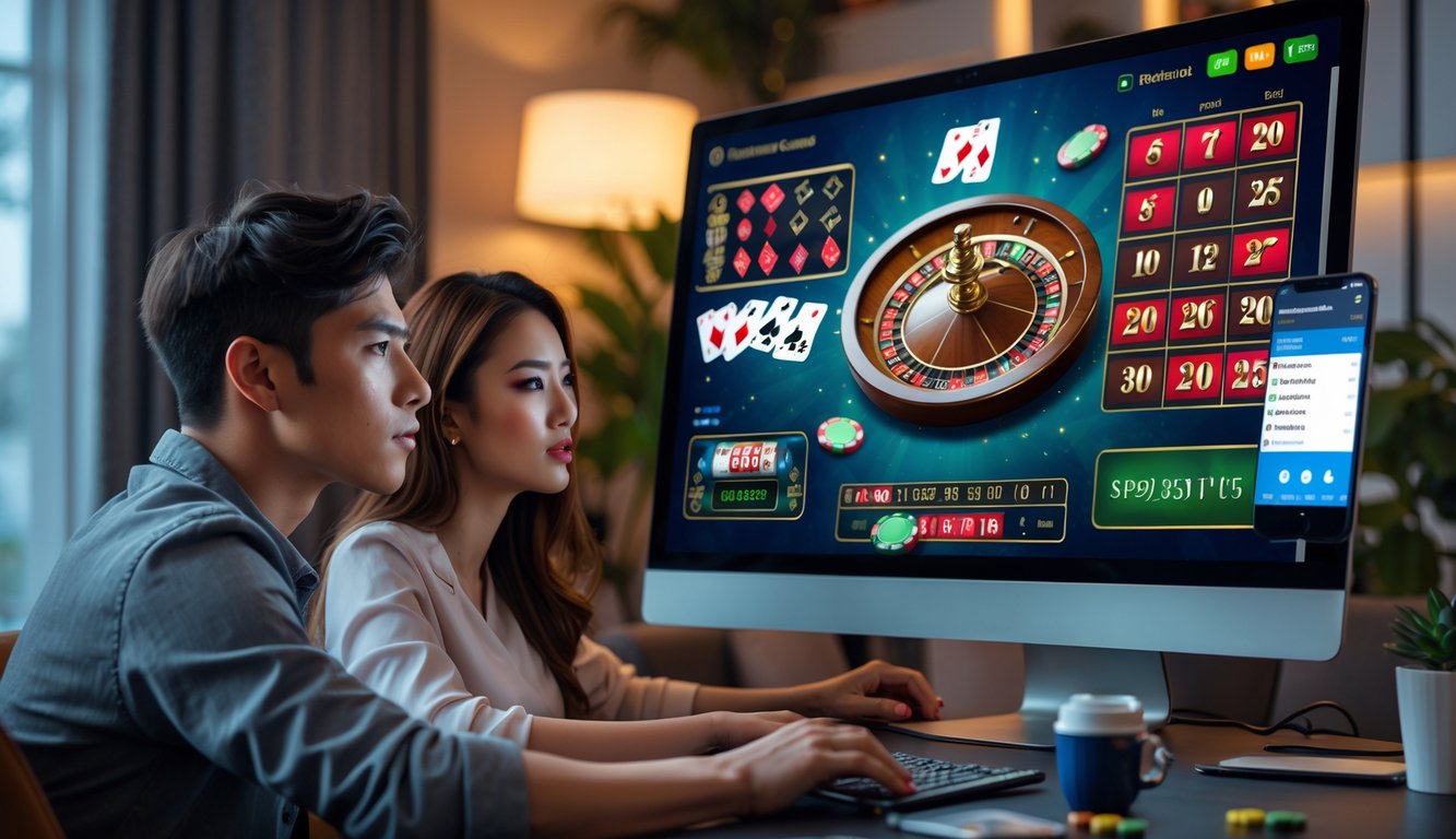 Dua orang dewasa fokus bermain permainan kasino online di depan komputer di ruang tamu yang nyaman.