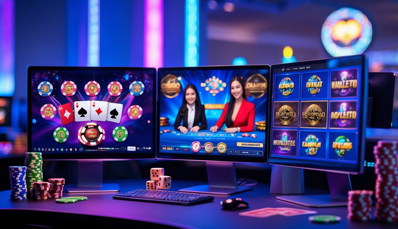 Seorang pemain duduk di depan komputer dengan beberapa layar menampilkan permainan kasino online dan dealer langsung, di ruangan dengan pencahayaan lembut dan suasana modern.