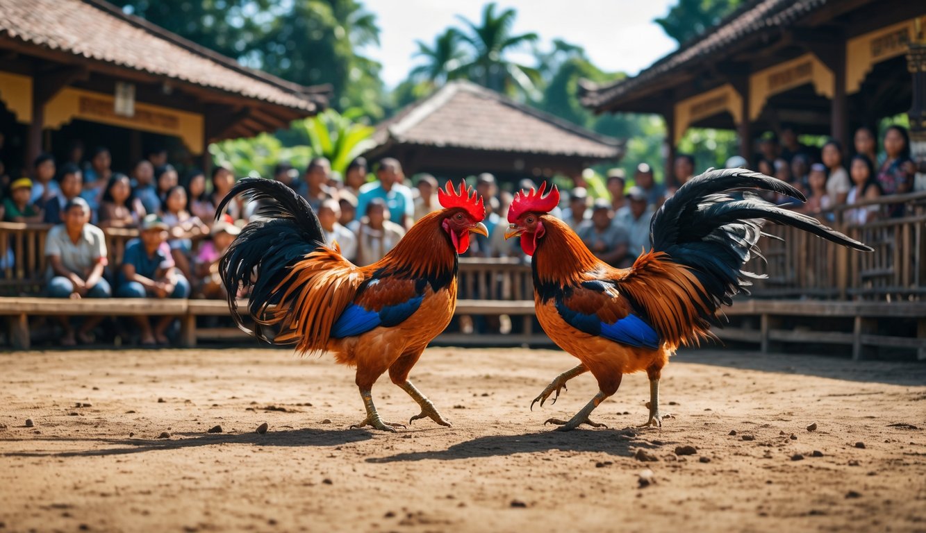 Pertarungan dua ayam jago di arena sabung ayam dengan penonton yang memperhatikan dari tribun kayu di luar ruangan.
