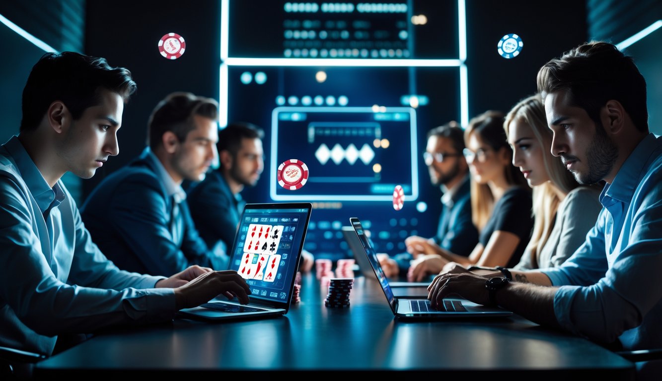 Beberapa orang sedang bermain poker online dengan perangkat digital di meja modern, fokus dan serius dalam permainan.