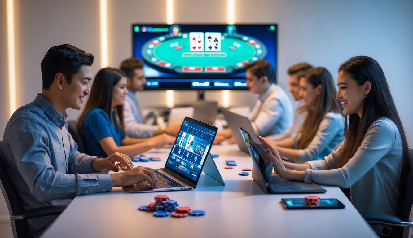 Beberapa orang muda sedang bermain poker online di depan komputer dengan meja permainan poker terlihat di layar.