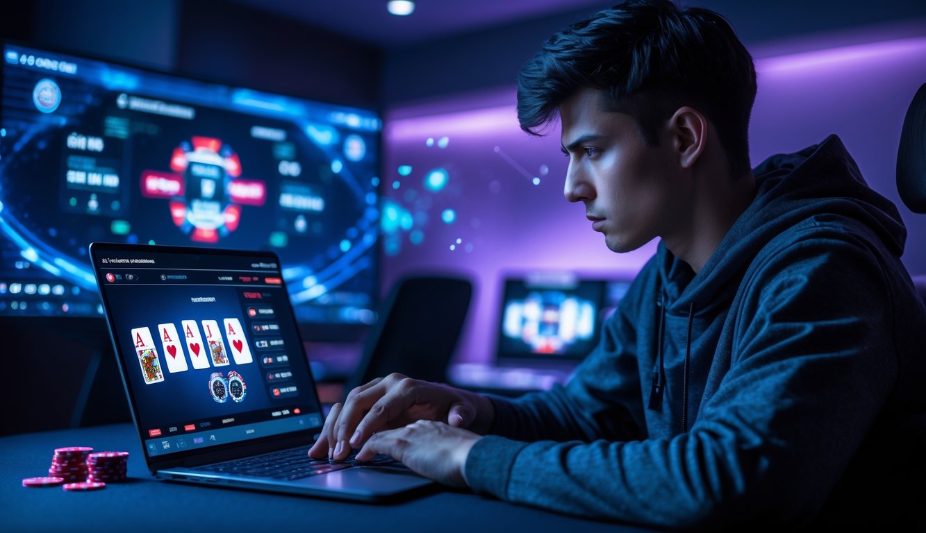 Seorang pemain muda fokus bermain poker online di depan laptop dengan suasana ruangan yang remang dan pencahayaan biru dan ungu.
